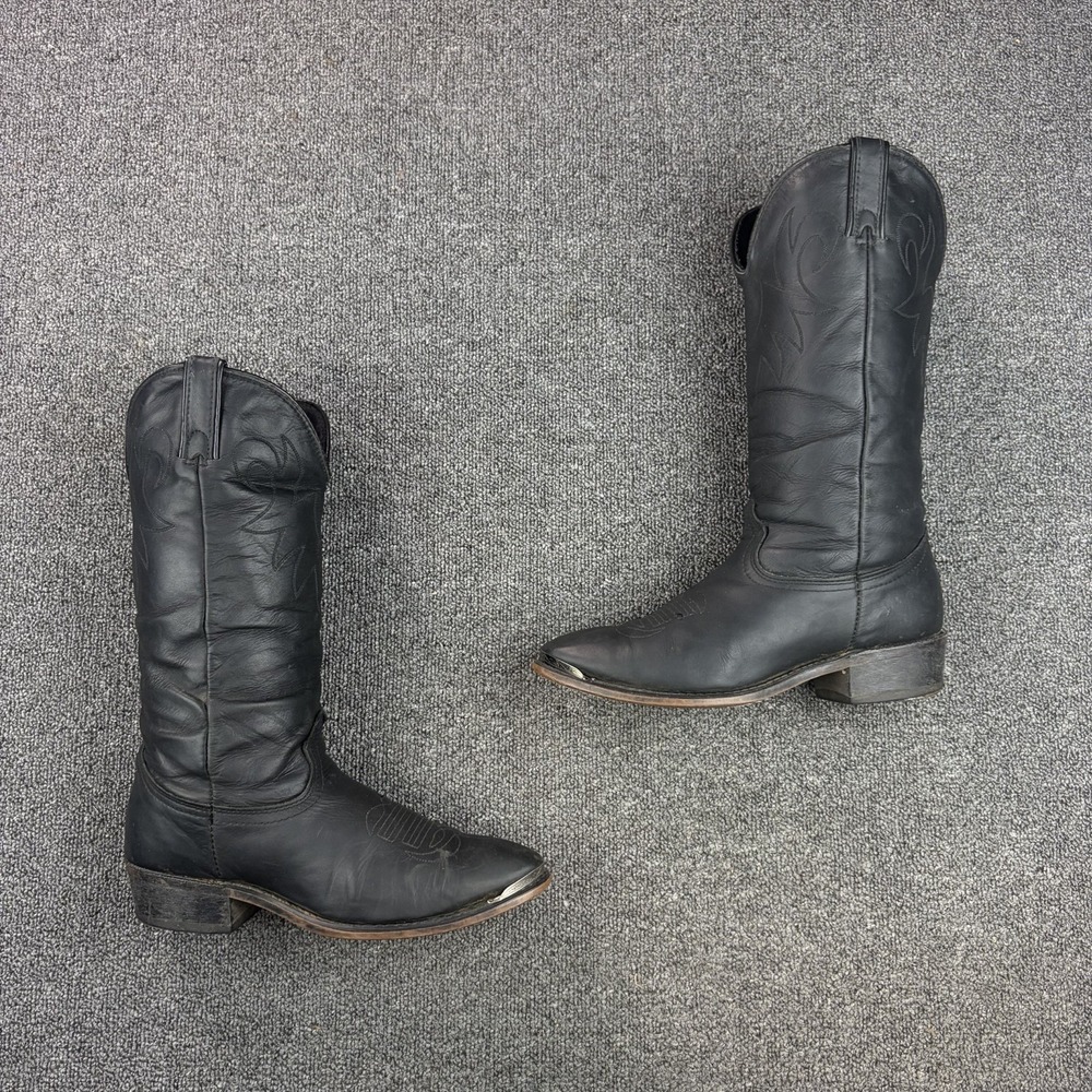 Vintage Durango Cowboy Boots 8.5 D Black Leather Pointed Toe Metal Toe Heel Taps